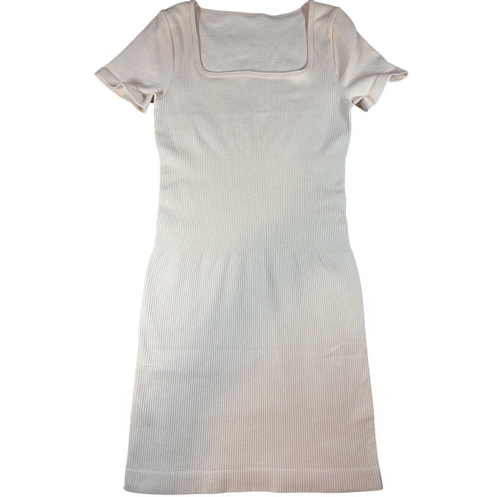 NWOT OQQ Ribbed Knit Bodycon Dress‎ Cream Off White Square Neck Short Sleeve S